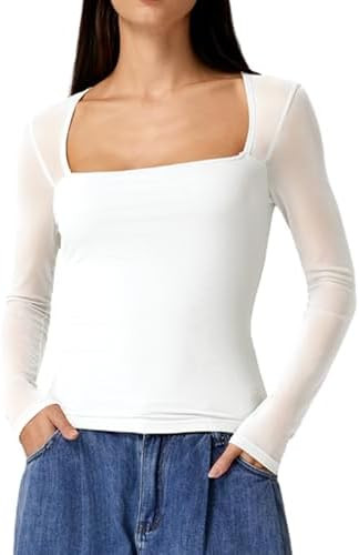 QINSEN Womens Square Neck Long Sleeve Mesh Sheer Top Double Lined Going Out Basic Shirt | Amazon (US)