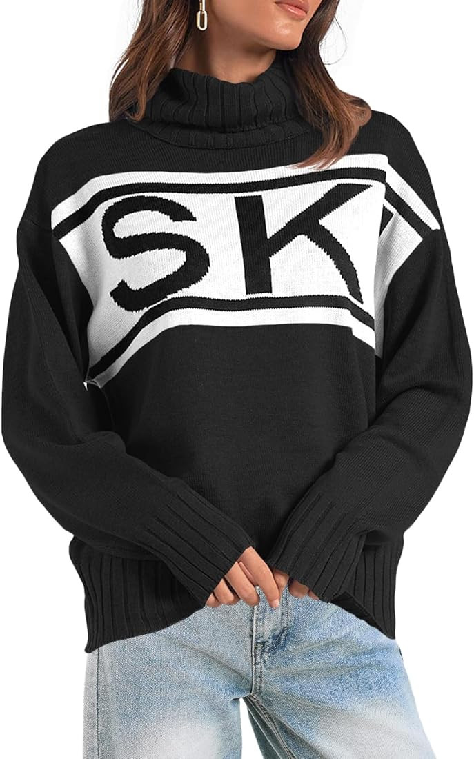 Saodimallsu Womens Turtleneck Sweaters Ski Print Long Sleeve Loose Ribbed Knit Color Block Trendy... | Amazon (US)