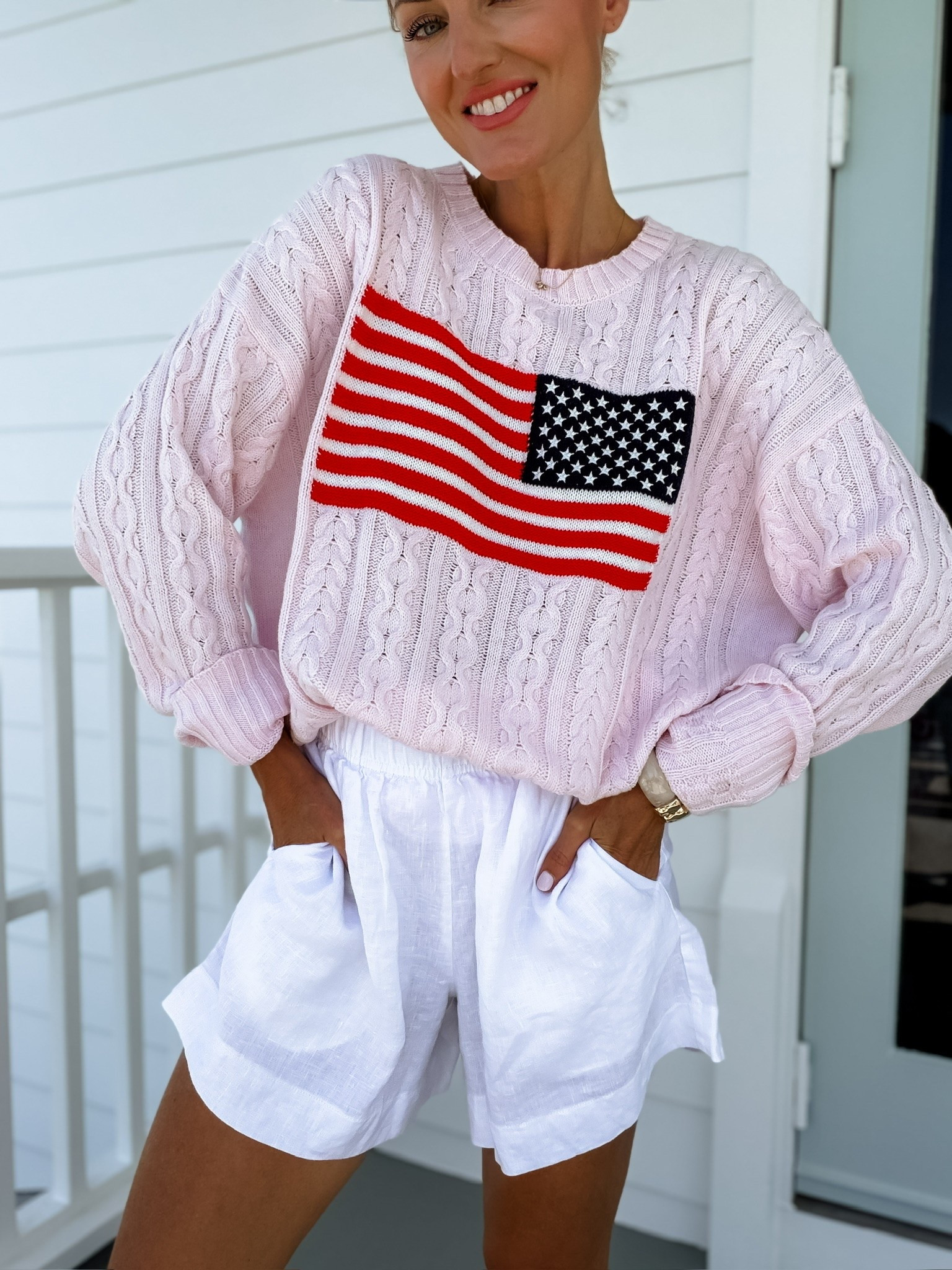 Cannot get over how cute this American flag sweater is!! I love the pink! Wearing M in the sweater & XS in the shorts. Loverly Grey, Target find, Target fashion, American flag sweater, white linen shorts, Fourth of July outfit ideas

#LTKSeasonal #LTKootd