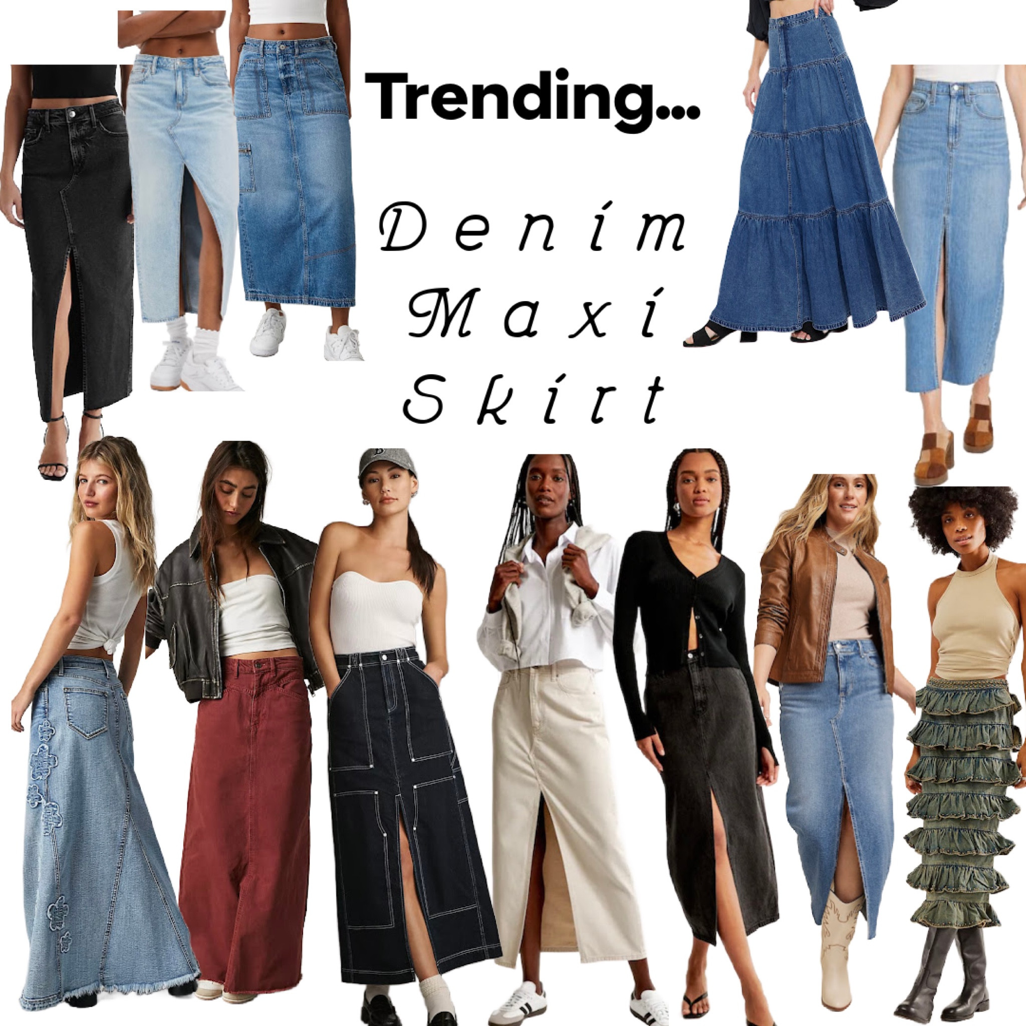 Denim maxi skirts are a huge trend for fall 2023! Light wash, dark wash, black, tan, and more! The front slit is the most popular version but no slit, full skirt, or ruffles are also trending. 
Fun to pair with clogs, ankle boots, western boots or knee boots  

#LTKfindsunder100 #LTKstyletip #LTKSeasonal