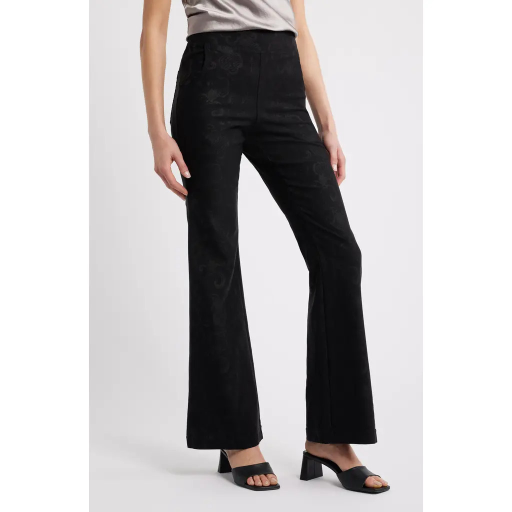 Hue High Waist Etched Floral Flare Leg Pants in Black at Nordstrom, Size X-Large | Nordstrom