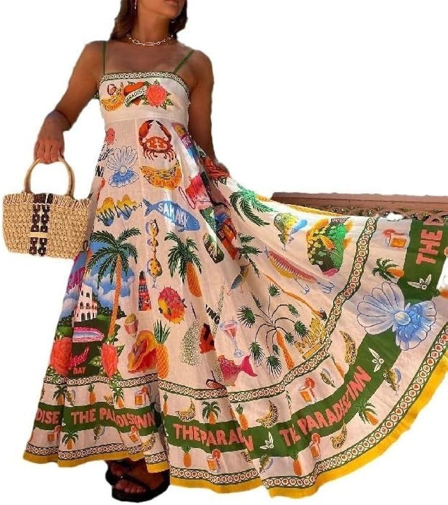 Dresses for Women 2024 Sling Graffiti Print Sleeveless Cotton and Linen Dress with Wide Hem | Amazon (US)