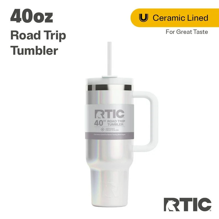 RTIC 40 oz Ceramic Lined Road Trip Tumbler, Leak-Resistant Lid with Straw, White Glitter | Walmart (US)