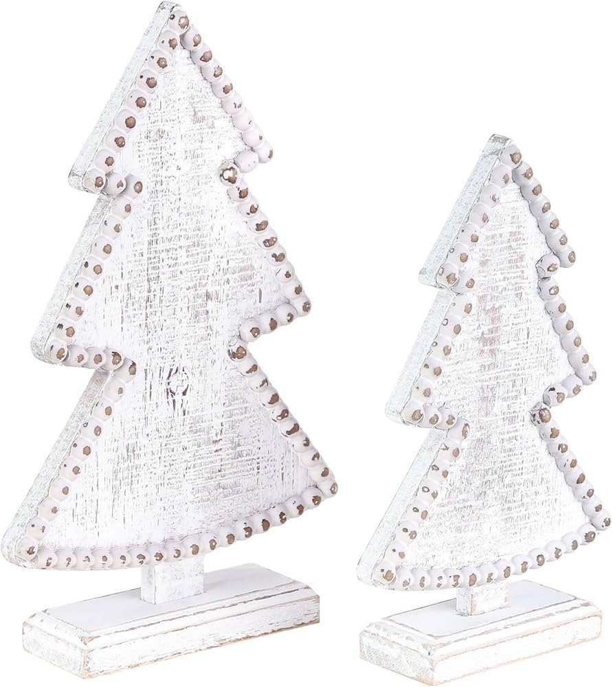 BAYSBAI Wooden Christmas Trees Tabletop Decoration Set of 2,Rustic Beaded Christmas Centerpieces ... | Amazon (US)