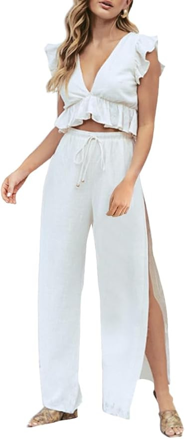 FANCYINN Womens 2 Pieces Outfits Deep V Neck Crop Top Side Slit Drawstring Wide Leg Pants Set Jum... | Amazon (US)