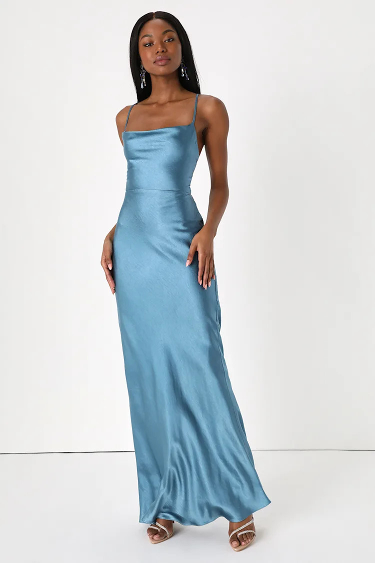 Inspire Romance Slate Blue Satin Cowl Neck Lace-Up Maxi Dress | Lulus