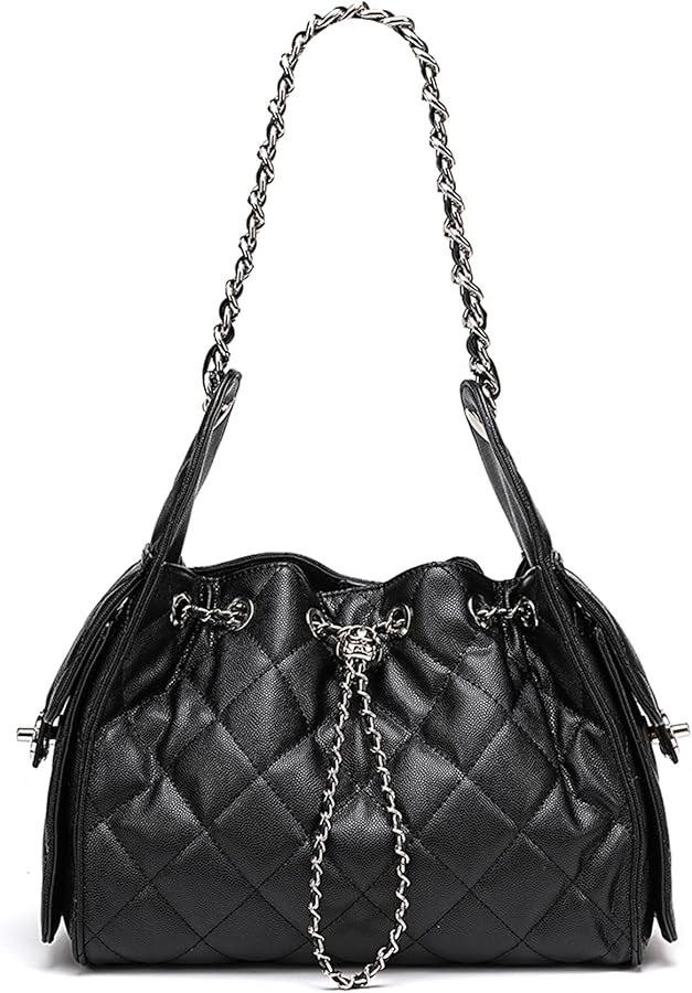 Women’s Quilted Leather Hobo Bag with Chain Strap Drawstring Shoulder Purse Elegant Crossbody H... | Amazon (US)