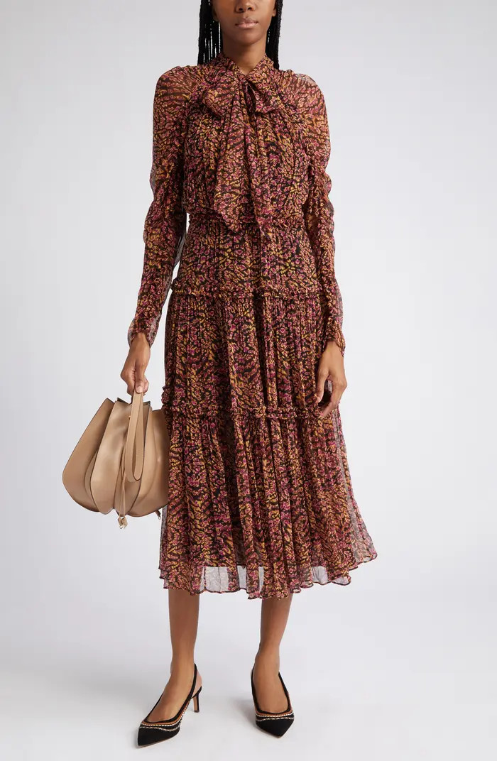 Idalia Metallic Thread Floral Long Sleeve Silk Dress | Nordstrom