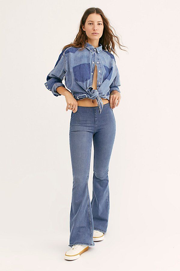 Penny Pull-On Flare Jeans by We The Free at Free People, Authentic Blue, 24 | Free People (Global - UK&FR Excluded)