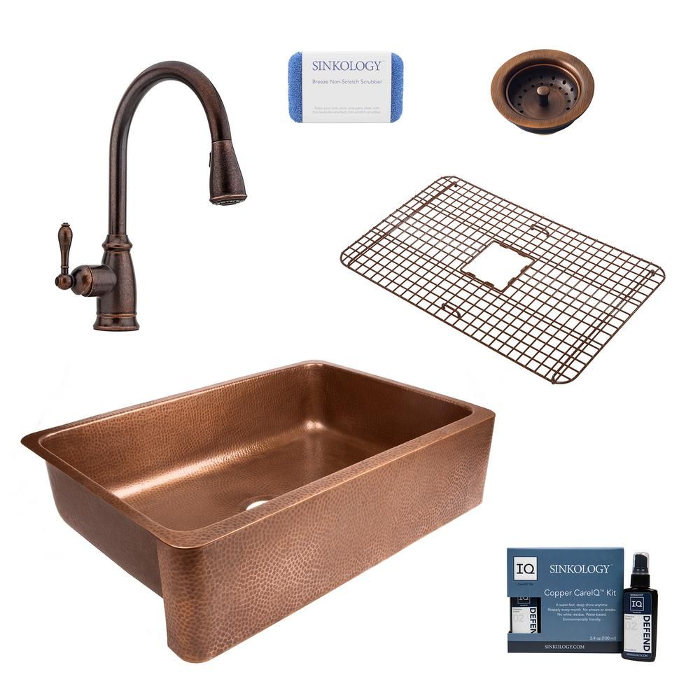 Lange All-in-One Farmhouse Apron Copper Sink 32 in. Single Bowl Kitchen Sink with Pfister Faucet ... | The Home Depot