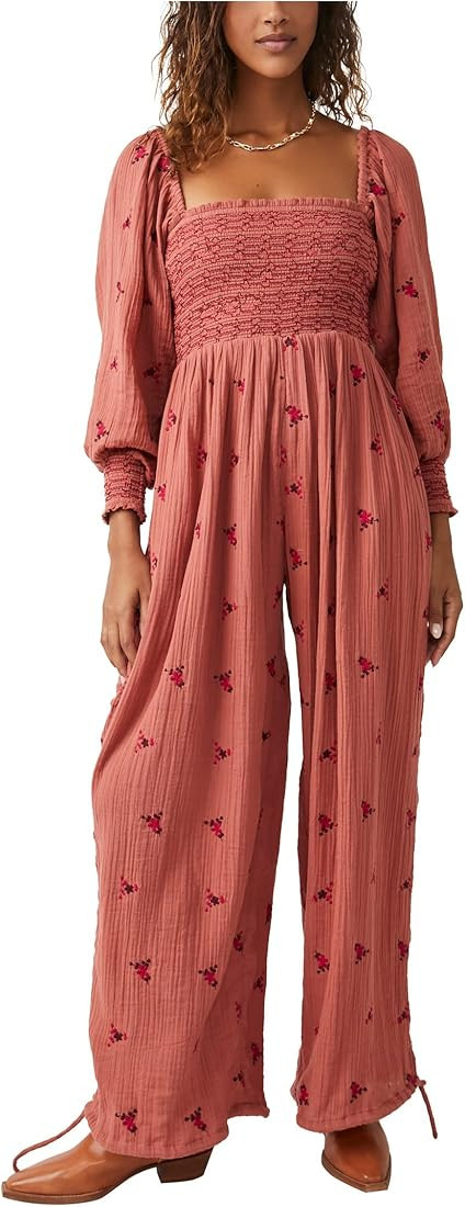 Free People Dahlia Jumpsuit for Women - Long Balloon Sleeves and Smocked Waistline, Flowy and Ele... | Amazon (US)