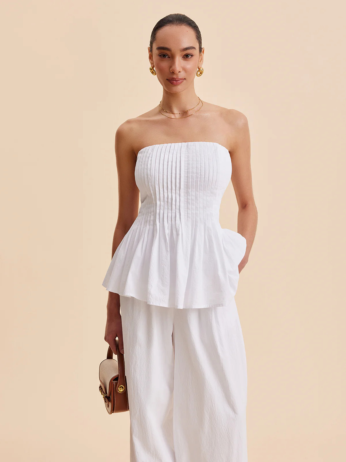 Cotton Pleated Strapless Peplum Top | Commense