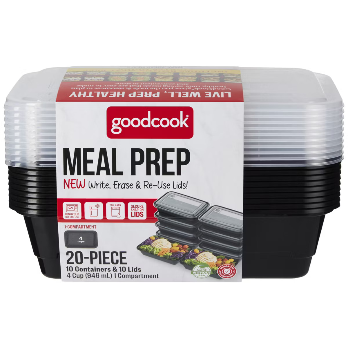 GoodCook Meal Prep 1 Compartment Rectangle Containers + Lids - 4Cups - 20 pcs/10ct - Black | Target