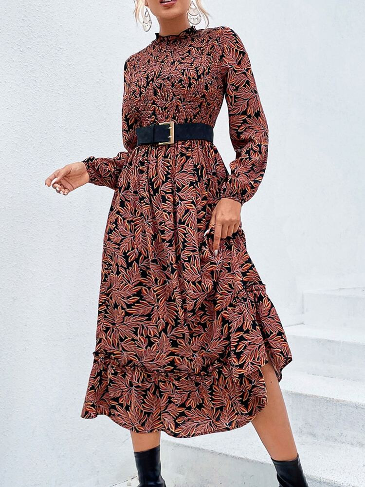 Allover Plants Print Lantern Sleeve Ruffle Hem Dress Without Belt | SHEIN