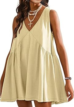 Women's Summer V Neck Sleeveless Mini Dress Casual Loose Pleated Swing Flowy Sundress with Pocket... | Amazon (US)