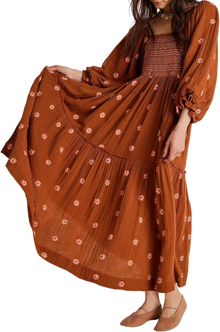 Womens Puff Sleeve Dress Cottagecore Floral Print Flowy Square Neck Maxi Dresses Smocked Tiered R... | Amazon (US)