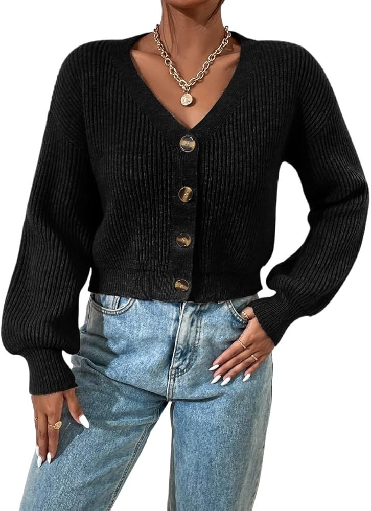 Womens Cardigan Frenchy Drop Shoulder Ribbed Knit Crop Cardigan V Neck Button Front Casual | Amazon (US)
