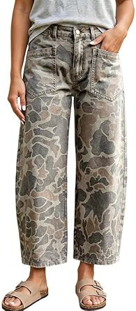 yoeasy Womens Camo Print Wide Leg Jeans Vintage Casual Barrel Denim Pants | Amazon (US)