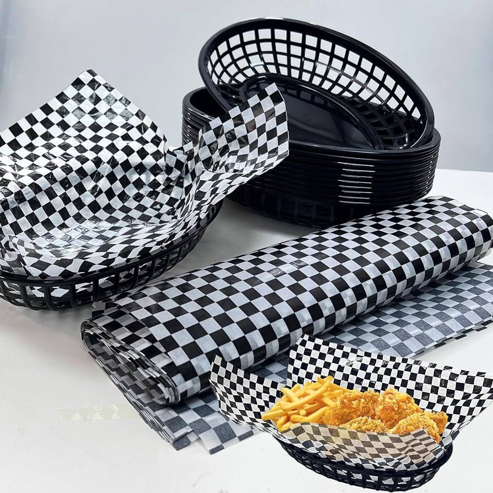 Rainmae Plastic Food Baskets with Parchment Paper Liners, 12 Fast Food Baskets with 120 Deli Pape... | Amazon (US)