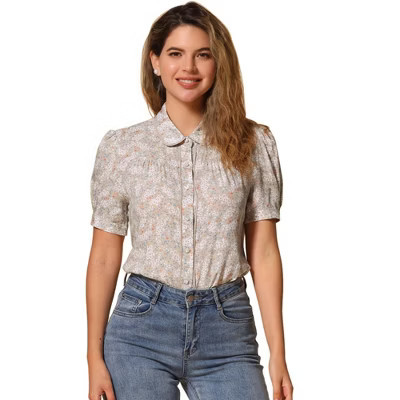 INSPIRE CHIC Women's Peter Pan Collar Contrast Trim Puff Sleeve Peasant Floral Shirt Beige Medium | Target