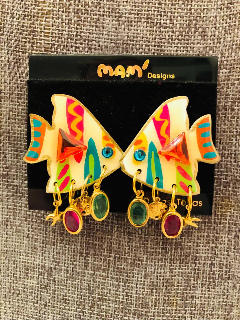 Vintage Designer Mam' Collectors White Multi-Mix "Tropical Fish" Dangle Clip Earrings | Etsy (US)