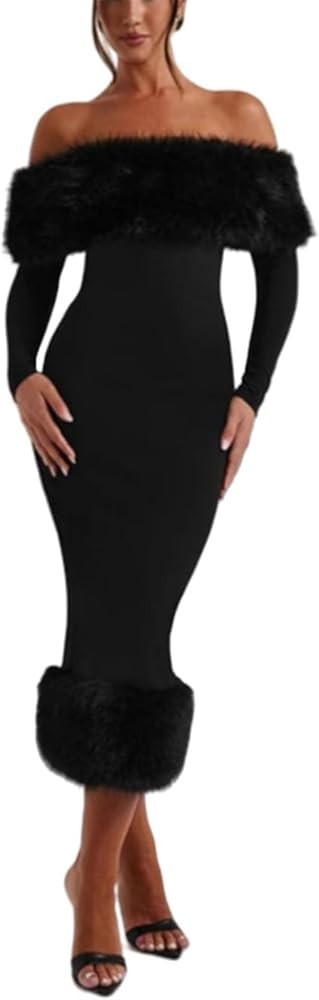 Off Shoulder Long Sleeve Wedding Dresses for Bride Faux Fur Bodycon Midi Maxi Bridal Gowns | Amazon (US)