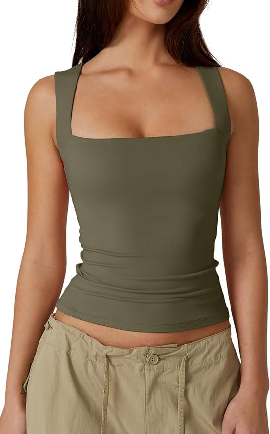 QINSEN Women's Square Neck Sleeveless Double-Layer Tank Tops Basic Tight T Shirts | Amazon (US)