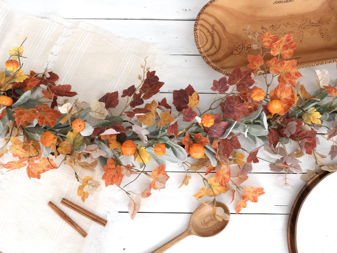 Fall Garland for Mantle | Handmade Centerpiece for Table Rustic Autumn Decor Maple Leaf Mini Pump... | Etsy (US)