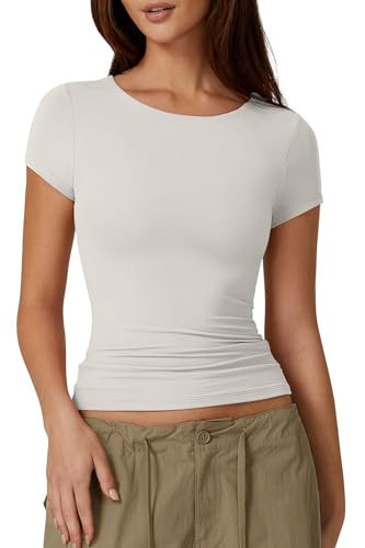 QINSEN Short Sleeve Tee Shirt for Women Round Neck Slim Fit Going Out Tops Splashed White Medium | Amazon (US)