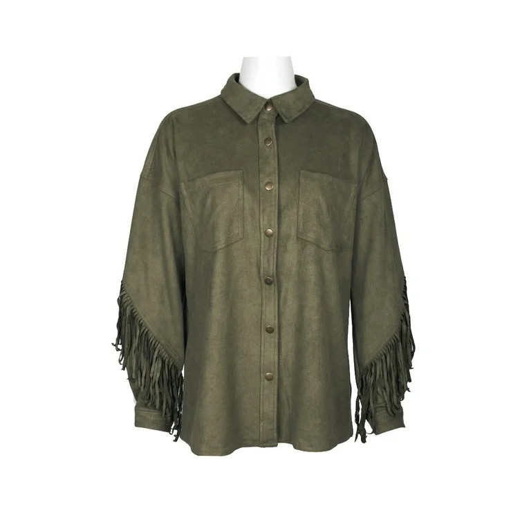 Velvet Heart Collared Snap Button-Up Long Sleeve Fringe Detail Suede Jacket with Pockets-BURNT OL... | Walmart (US)