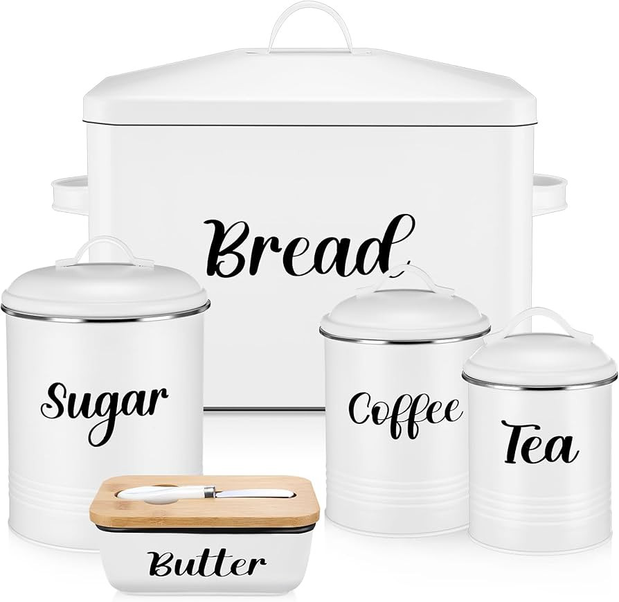 Extra Large Metal Bread Box and Ceramic Butter Dish with 3 Airtight Kitchen Canisters Large Multi... | Amazon (US)