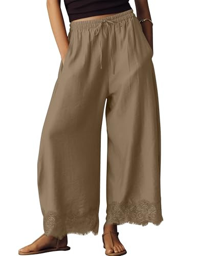 Anoumcy Lace Trim Wide Leg Pants for Women 2026 Spring Summer Cropped Lightweight Casual Pants Light Brown M | Amazon (US)