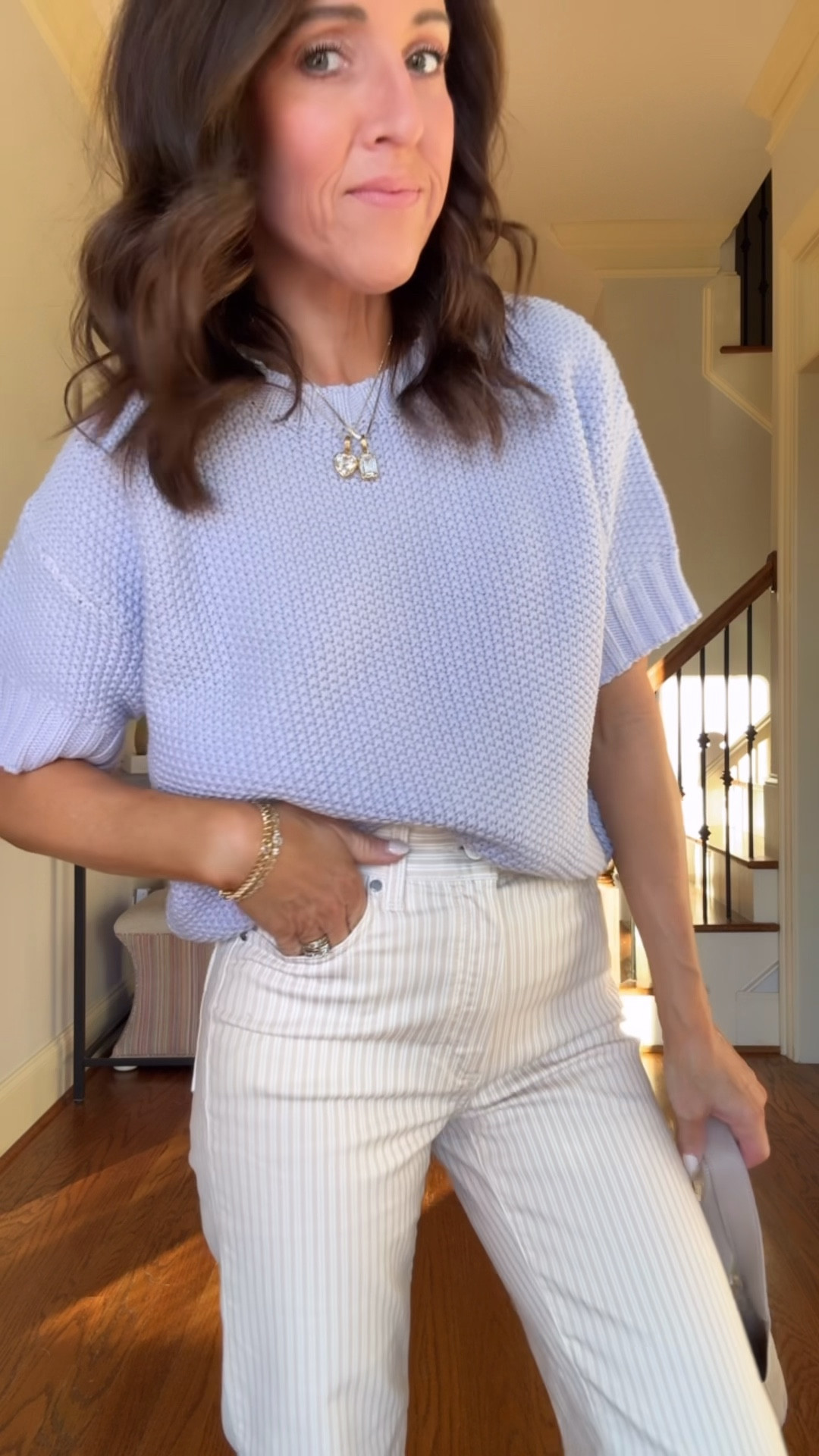 Spring outfit idea. Stripe denim and short sleeve sweater. 
Sweater S. Jeans down 1 size, 24. Shoes TTS.

#LTKPetite #LTKSeasonal #LTKOver40