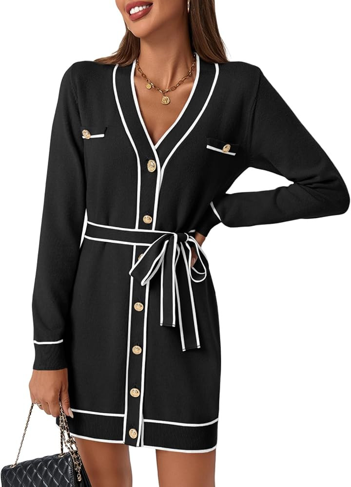 Saodimallsu Womens Long Sleeve Sweater Dress Button Down V Neck Casual Knit Preppy Mini Dresses C... | Amazon (US)