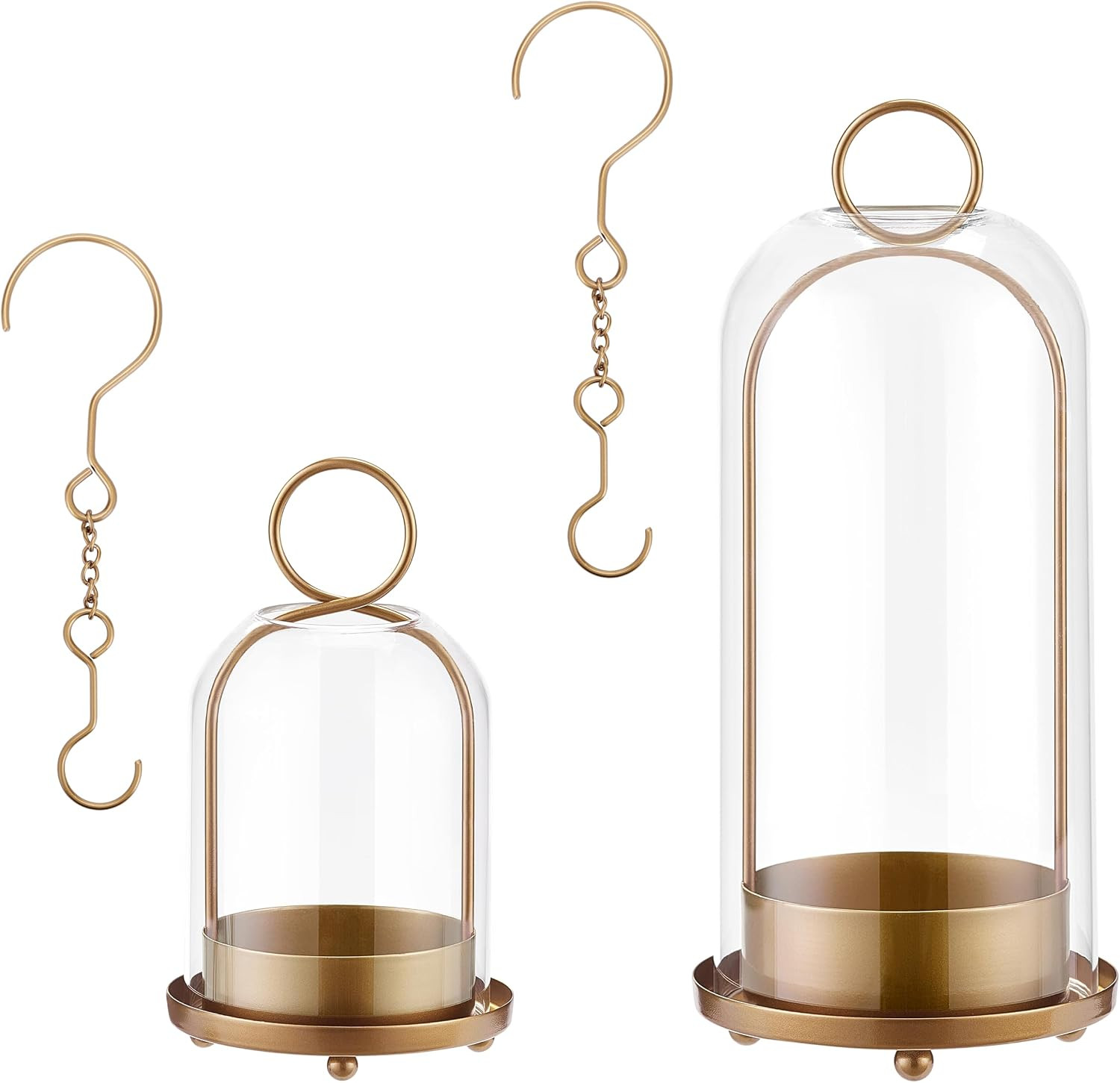 Candle Holder Lanterns, Handcrafted Metal & Glass with Modern Aesthetic Design, Hurricane Pillar Candlestick Holders, Table or Hanging Decorations Set of 2, 5.1" & 4.4" Diameter, Gold | Amazon (US)