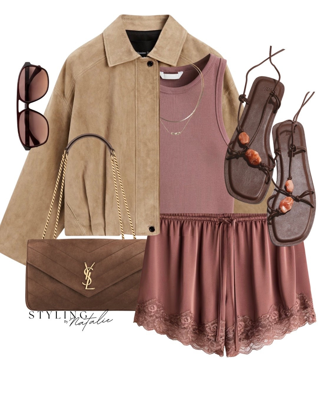 Spring trending style, Suede bomber jacket, dusty pink vest top, satin/lace pull on shorts, beaded lace up sandals, YSL bag and sunglasses. 
Summer outfit, London style, H&M, massimo Dutti, date night outfit, summer look

#LTKspring #LTKuk #LTKeurope