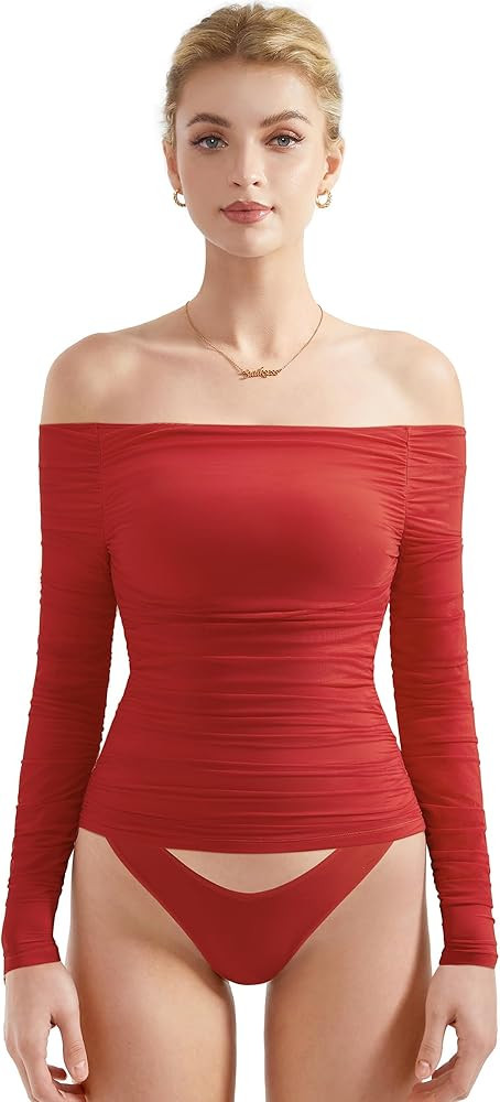 SUUKSESS Women Double Line Mesh Padded Tops Off The Shoulder Long Sleeve Shirts | Amazon (US)
