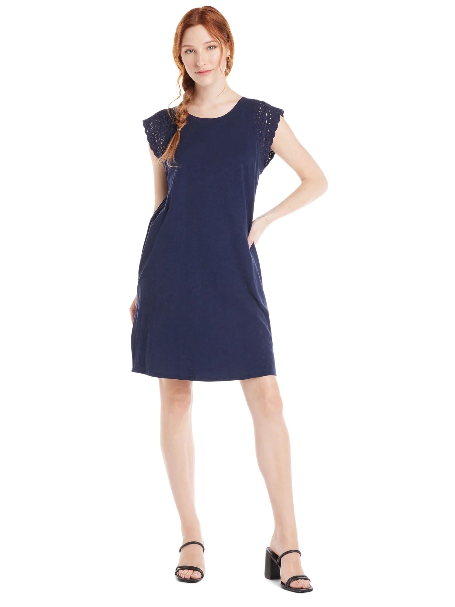 Time and Tru Women's Cotton Knit Dress with Crochet Sleeves | Walmart (US)