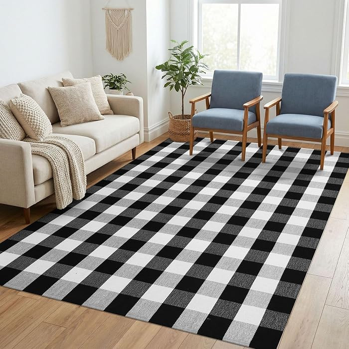 KILOCOCO Buffalo Plaid Checkered Rug 5x7 ft Black White Living Room Rug | Amazon (US)