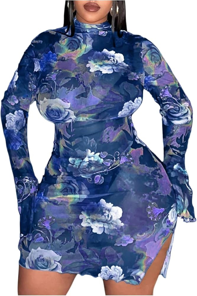 SOLY HUX Women's Plus Size Floral Print Mesh Split Hem Bodycon Dress Mock Neck Bell Long Sleeve M... | Amazon (US)