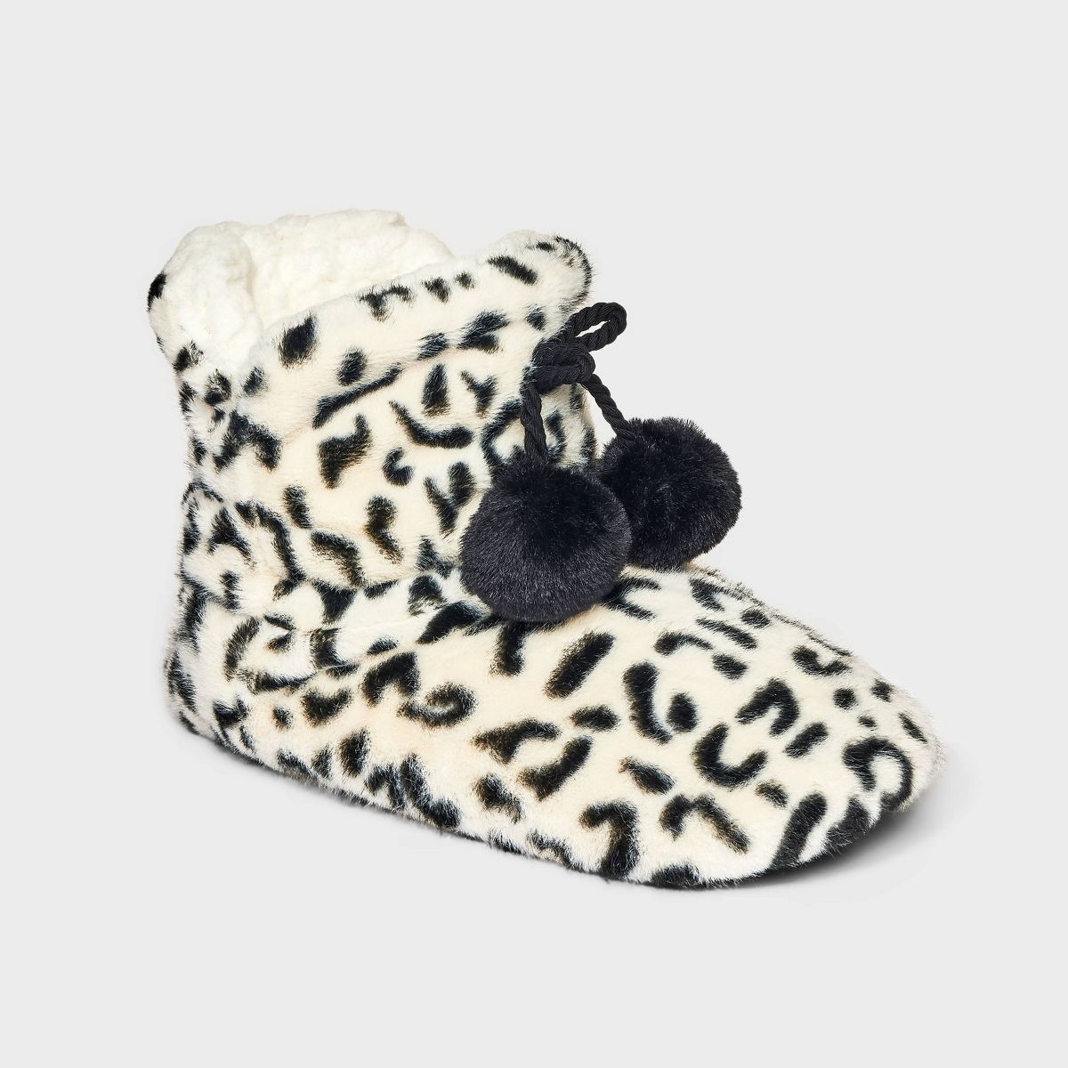 Women's Leopard Faux Fur Booties with Poms and Grippers - Ivory/Black | Target