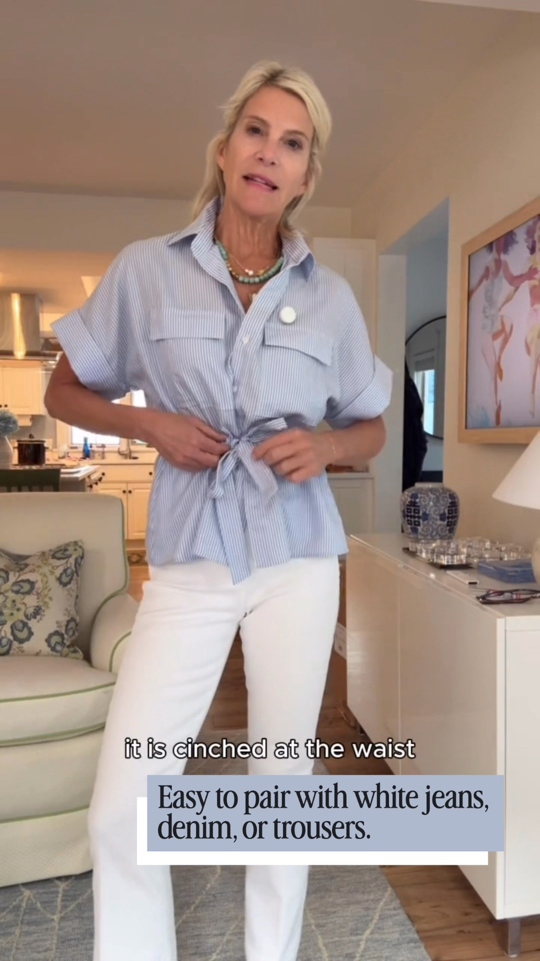 This cinched waist top is incredibly flattering! The waist detail creates a beautiful shape, and the slightly longer silhouette is so easy to wear. The fabric is soft and comfortable, not stiff or crunchy, and it's a great transitional piece you'll wear from late summer into fall.

👩‍💻 LTK PRO TIPS
❤️ Heart = Support my posts ;-)
🔖 Save = Get sale & restock alerts for the things you love!
📋 Lists = Keep favorites organized (List ideas: Christmas, Birthdays, and Vacations!)
📲 Share = Send lists and products to a friend (or your daughters like me).
💬 Comment = Ask me anything, and I'll answer. ;-)

#LTKootd #LTKOver40 #LTKSeasonal