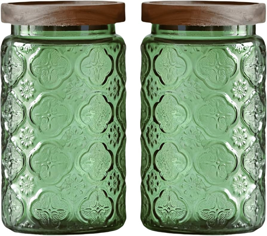 ANSQU Set of 2 Vintage Glass Storage Containers, Green Glass Jars with Wooden Lids, 34 FL OZ Deco... | Amazon (US)