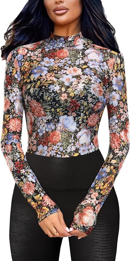 Women Mesh Top Floral Mesh Long Sleeve Tops Mock Neck See Through Tops Fitted Sexy Going Out Tops | Amazon (US)