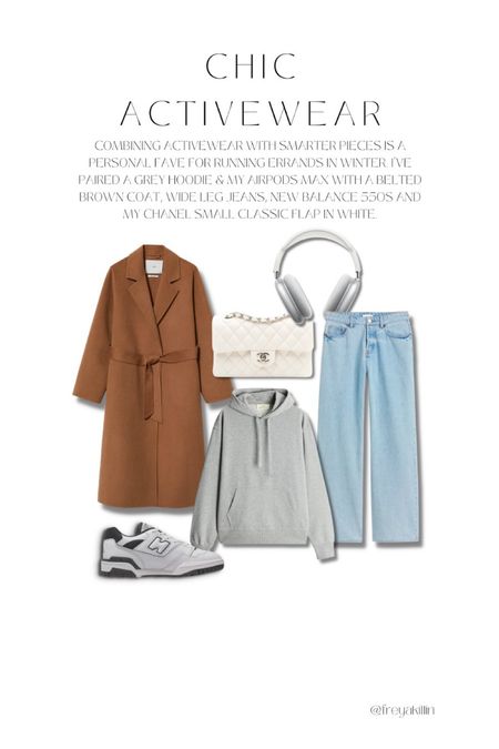 Combining activewear with smarter pieces is a personal fave for running errands in winter. I've paired a grey hoodie & my airpods max with a belted brown coat, wide leg jeans, new balance 550s and my chanel small classic flap in white.

#LTKSeasonal #LTKeurope #LTKstyletip