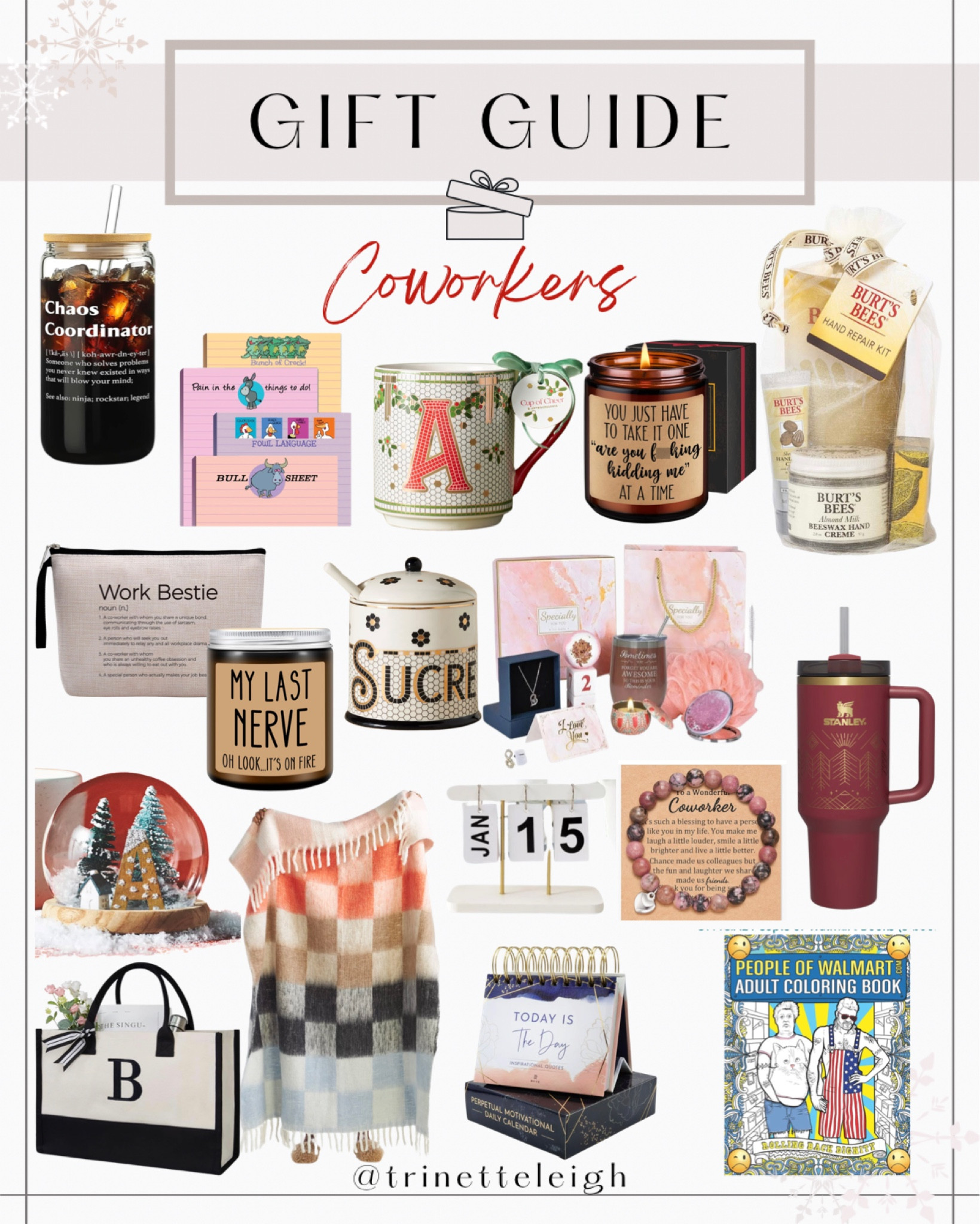 Gift Guide for Coworkers. Glass mug for coffee. Hand cream set. Funny candles. Custom coffee mug. Funny notepads. Makeup bag for work bestie. Sugar holder. Stanley Tumbler. Worked us calendar. Inspirational work desk calendar. Adult coloring book. Fuzzy blanket. Christmas tree snowball. Custom tote bag. Women’s self-care set.

#LTKHoliday #LTKSeasonal #LTKGiftGuide