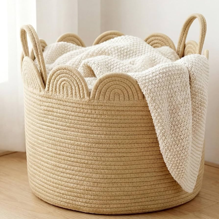 LemonRoad Brown Rope Basket Scalloped Woven Baskets 15.8"L x 15.8"w X13.8"h Cotton Storage Round ... | Amazon (US)