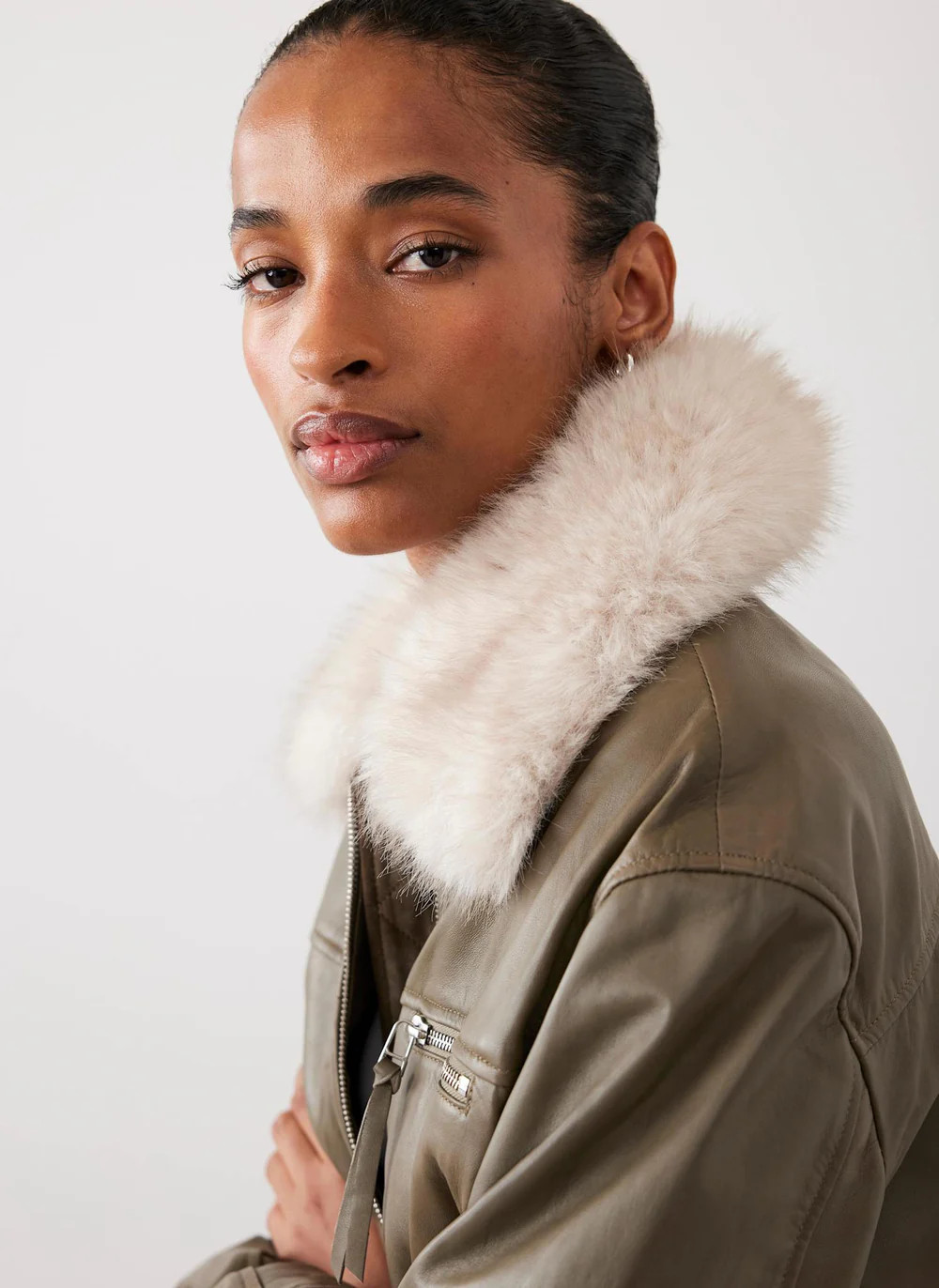 Green Leather Bomber Jacket | Mint Velvet