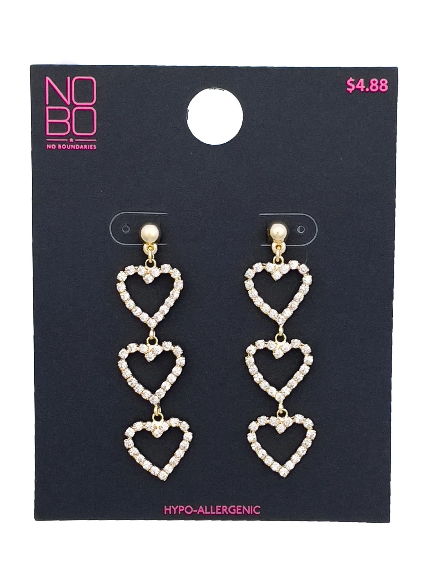 No Boundaries Ladies Adult Heart Drop Earring, Gold with Crystal Rhinestones, 3 Drop Heart, Bulle... | Walmart (US)