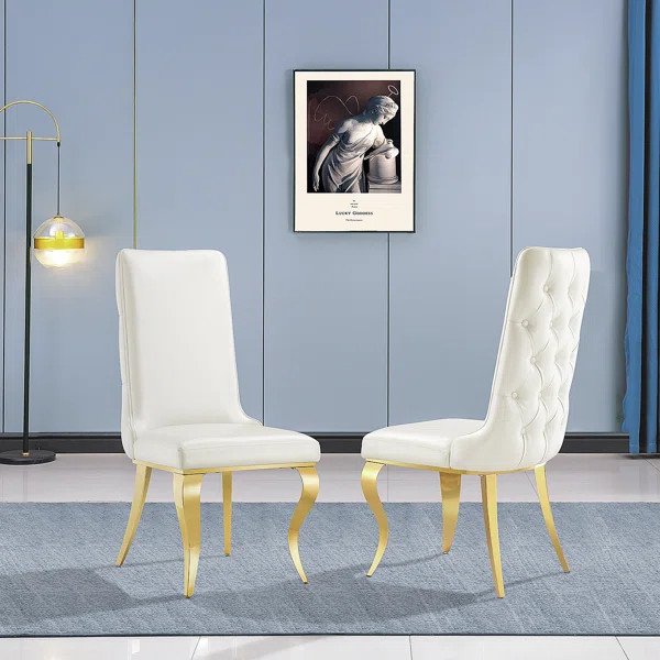 Andromeda White Leather Upholstered Dining Chairs with Gold Legs (Set of 2) | Wayfair North America